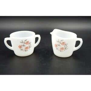 Fire King Pink Fleurette Sugar Bowl & Creamer Set Anchor Hocking Vintage